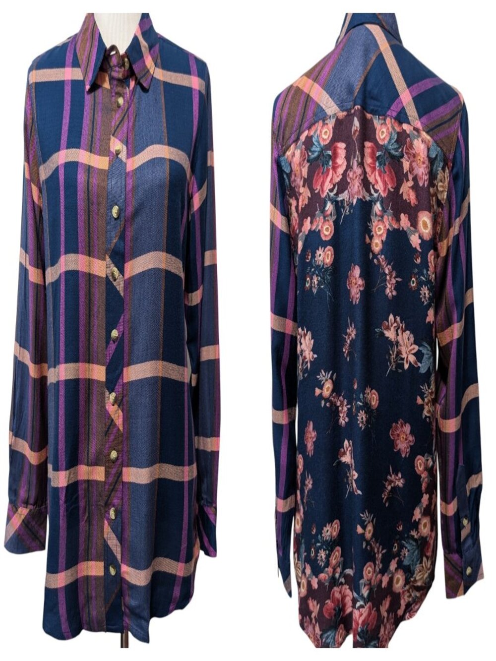 Tolani Coll Womens Sz S Purple Blue Pink Plaid Floral Button Up L/S Viscose Top